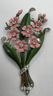 Alfred Philippe Crown Trifari Pat#121253 Pink Enamel Flowers Rhinestones Fur Pin