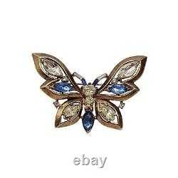 Alfred Philippe Crown Trifari Pat 159924 1950s Butterfly Pin Blue Rhinestones