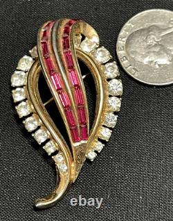 Alfred Philippe Crown Trifari Ruby Baguette & Crystal Dimensional Leaf Brooch