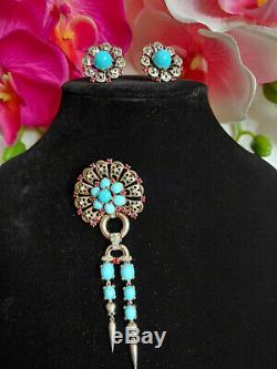 Alfred Philippe Crown Trifari Sterling Turquoise Dangle Brooch and Earrings Set