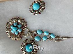 Alfred Philippe Crown Trifari Sterling Turquoise Dangle Brooch and Earrings Set