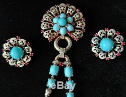 Alfred Philippe Crown Trifari Sterling Turquoise Dangle Brooch and Earrings Set