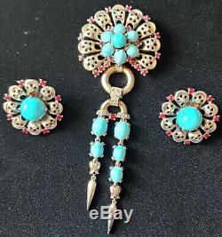 Alfred Philippe Crown Trifari Sterling Turquoise Dangle Brooch and Earrings Set