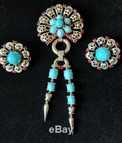 Alfred Philippe Crown Trifari Sterling Turquoise Dangle Brooch and Earrings Set