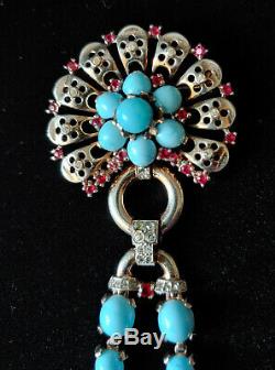 Alfred Philippe Crown Trifari Sterling Turquoise Dangle Brooch and Earrings Set