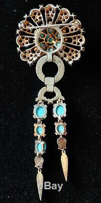Alfred Philippe Crown Trifari Sterling Turquoise Dangle Brooch and Earrings Set