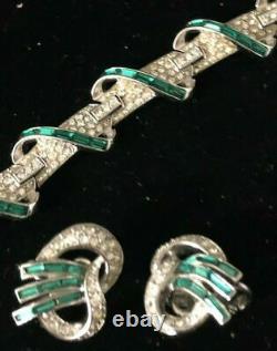 Alfred Philippe Crown Trifari Weaving Green Baguette & Rhinestone Necklace Set