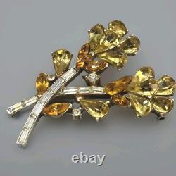 Alfred Philippe Crown Trifari Yellow Flower Spray Brooch Vtg 50s Rhinestone RARE