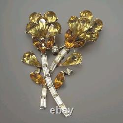 Alfred Philippe Crown Trifari Yellow Flower Spray Brooch Vtg 50s Rhinestone RARE