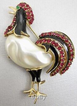 Alfred Philippe For Trifari Enamel Rhinestone Pearl Belly Rooster Brooch Pin