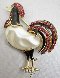 Alfred Philippe For Trifari Enamel Rhinestone Pearl Belly Rooster Brooch Pin