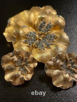 Alfred Philippe Rare Crown Trifari Pansy Rhinestone Brooch Pin Clip Earrings