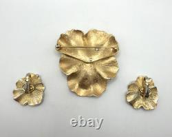 Alfred Philippe Rare Crown Trifari Pansy Rhinestone Brooch Pin Clip Earrings