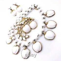 Alfred Philippe Trifari Crown Apple Milk Glass Ribbed Necklace Brooch Earrings