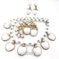 Alfred Philippe Trifari Crown Apple Milk Glass Ribbed Necklace Brooch Earrings