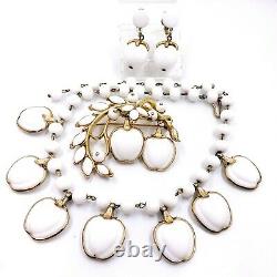Alfred Philippe Trifari Crown Apple Milk Glass Ribbed Necklace Brooch Earrings