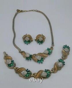 Alfred Philippe Trifari Crown Green Rhinestone Set (Necklace Bracelet Earrings)