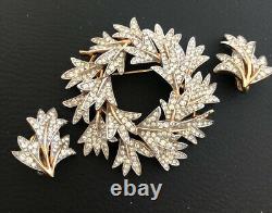 Alfred Philippe Trifari Leaf Wreath Pin Brooch Earring Set Rhinestone BOX