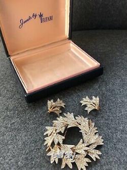 Alfred Philippe Trifari Leaf Wreath Pin Brooch Earring Set Rhinestone BOX