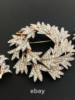 Alfred Philippe Trifari Leaf Wreath Pin Brooch Earring Set Rhinestone BOX