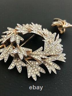 Alfred Philippe Trifari Leaf Wreath Pin Brooch Earring Set Rhinestone BOX