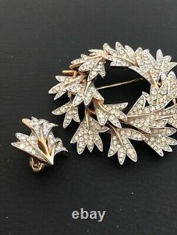 Alfred Philippe Trifari Leaf Wreath Pin Brooch Earring Set Rhinestone BOX