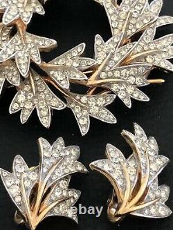 Alfred Philippe Trifari Leaf Wreath Pin Brooch Earring Set Rhinestone BOX