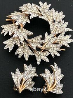 Alfred Philippe Trifari Leaf Wreath Pin Brooch Earring Set Rhinestone BOX