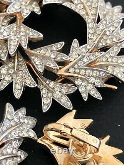 Alfred Philippe Trifari Leaf Wreath Pin Brooch Earring Set Rhinestone BOX