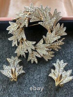 Alfred Philippe Trifari Leaf Wreath Pin Brooch Earring Set Rhinestone BOX