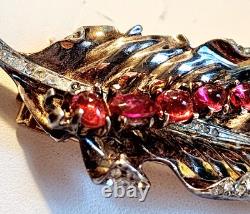 Alfred Philippe Trifari Rare 1942 Caterpillar Ruby Red Sterling Vermeil Fur Clip