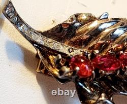 Alfred Philippe Trifari Rare 1942 Caterpillar Ruby Red Sterling Vermeil Fur Clip
