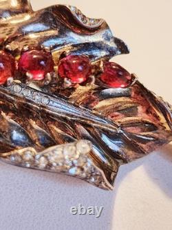 Alfred Philippe Trifari Rare 1942 Caterpillar Ruby Red Sterling Vermeil Fur Clip