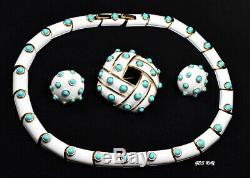 Alfred Philippe Trifari White Enamel Faux Turquoise Brooch Necklace Earrings