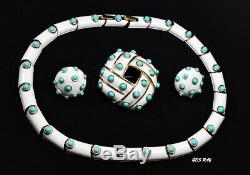 Alfred Philippe Trifari White Enamel Faux Turquoise Brooch Necklace Earrings