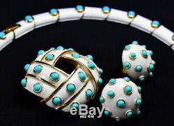 Alfred Philippe Trifari White Enamel Faux Turquoise Brooch Necklace Earrings