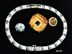 Alfred Philippe Trifari White Enamel Faux Turquoise Brooch Necklace Earrings