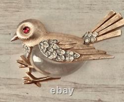 Alfred Philippe for Trifari Lucite Bird Brooch Red Eye Crystals Gold Tone RARE