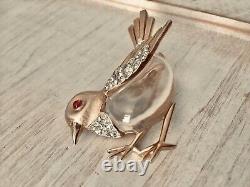 Alfred Philippe for Trifari Lucite Bird Brooch Red Eye Crystals Gold Tone RARE