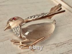 Alfred Philippe for Trifari Lucite Bird Brooch Red Eye Crystals Gold Tone RARE