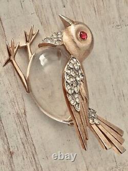 Alfred Philippe for Trifari Lucite Bird Brooch Red Eye Crystals Gold Tone RARE