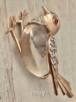 Alfred Philippe for Trifari Lucite Bird Brooch Red Eye Crystals Gold Tone RARE