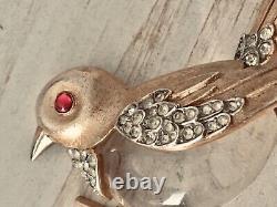 Alfred Philippe for Trifari Lucite Bird Brooch Red Eye Crystals Gold Tone RARE