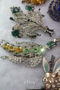 Antique Brooch Lot Crown Trifari Jewled Symphony, Czech, Alfred Philippe Etc