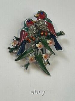 Antique Crown Trifari Alfred Philippe Enamel Birds Pin Clip 1942