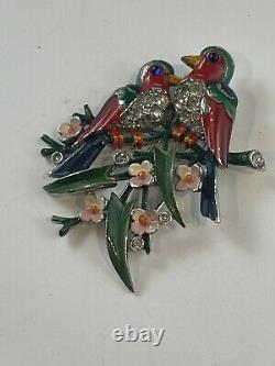 Antique Crown Trifari Alfred Philippe Enamel Birds Pin Clip 1942