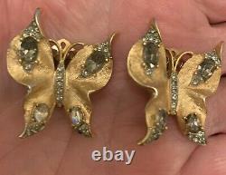 Antique Crown Trifari Alfred Philippe Satin Butterfly Rhinestone Clip Earrings