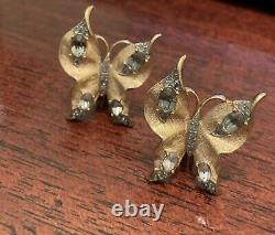 Antique Crown Trifari Alfred Philippe Satin Butterfly Rhinestone Clip Earrings