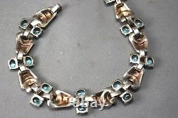 Aqua Stone Sterling Silver Crown Trifari Alfred Philippe Art Deco Bracelet