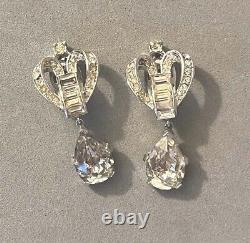 Art Deco Era Crown TRIFARI Alfred Philippe Dangle Rhinestone Clip On Earrings